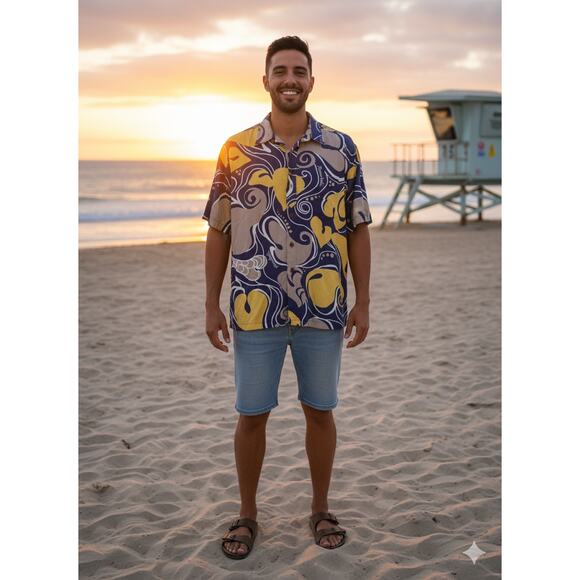 Manuhealii Hawaiian Floral Anthurium Print Navy Gold Pullover Polo Mens Size 3XL - Picture 1 of 6
